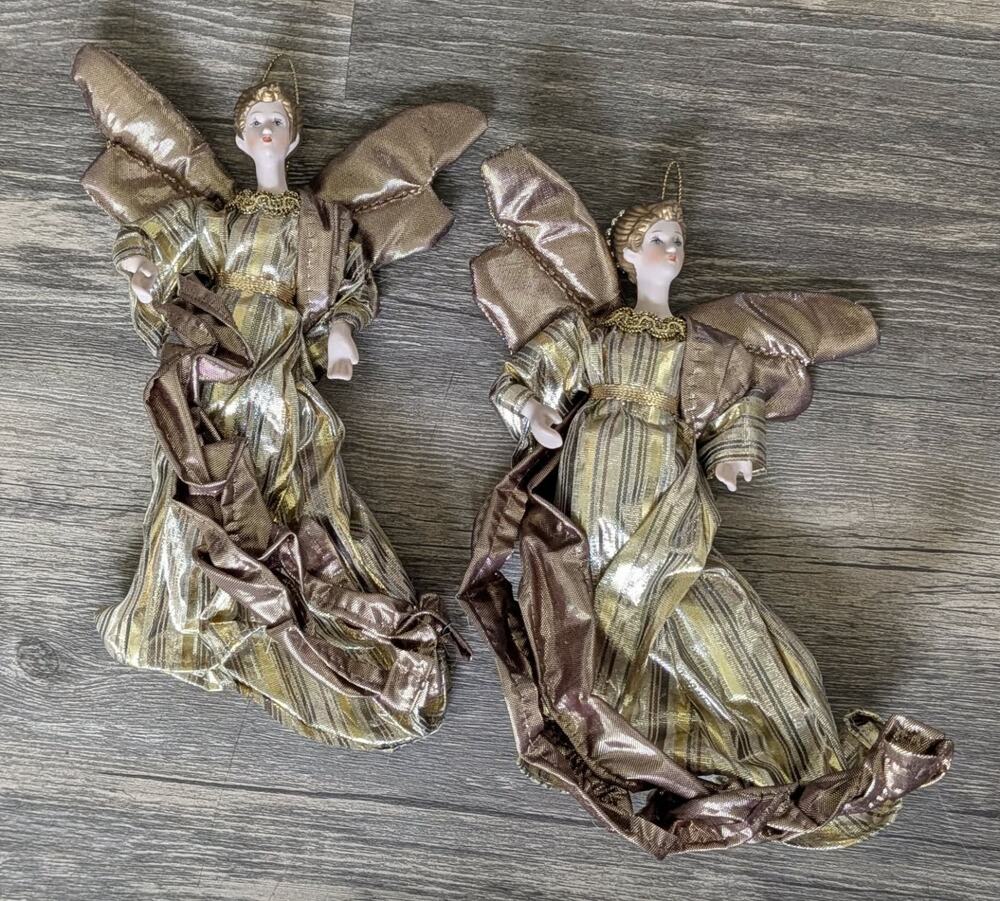 2 Vintage Victorian Gold Porcelain Angel Christmas Ornaments Holiday Decor 9"